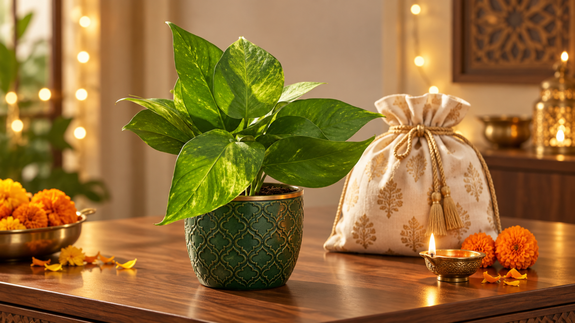Money plant in a beautiful pot on to the table